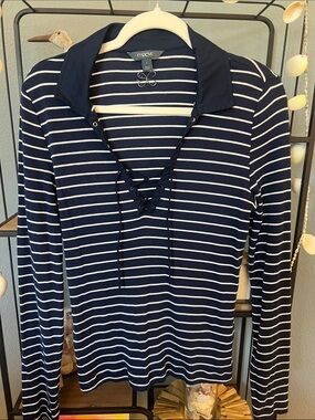 LIKE NEW Maeve Navy and White Striped Lace-Up Polo Long Sleeve Top SIZE Large